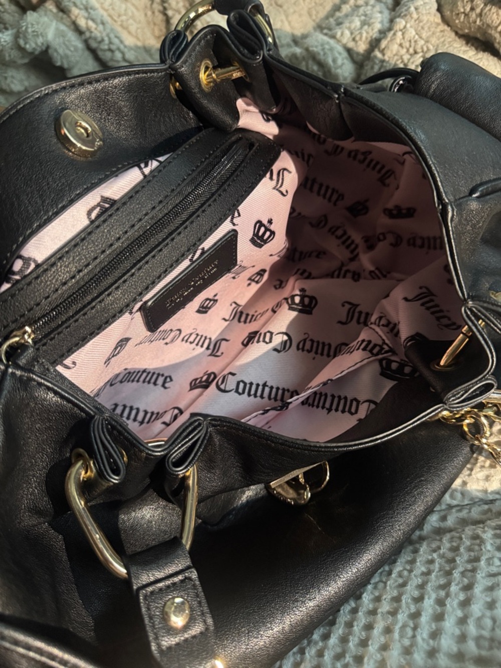 Juicy Couture Black Shoulder Bag with Rose Gold accents and heart mirror charm - Picture 3 of 5